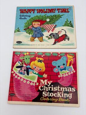 1960 Whitman Christmas Coloring Book Lot 2 Happy Holiday Time Christmas Stocking